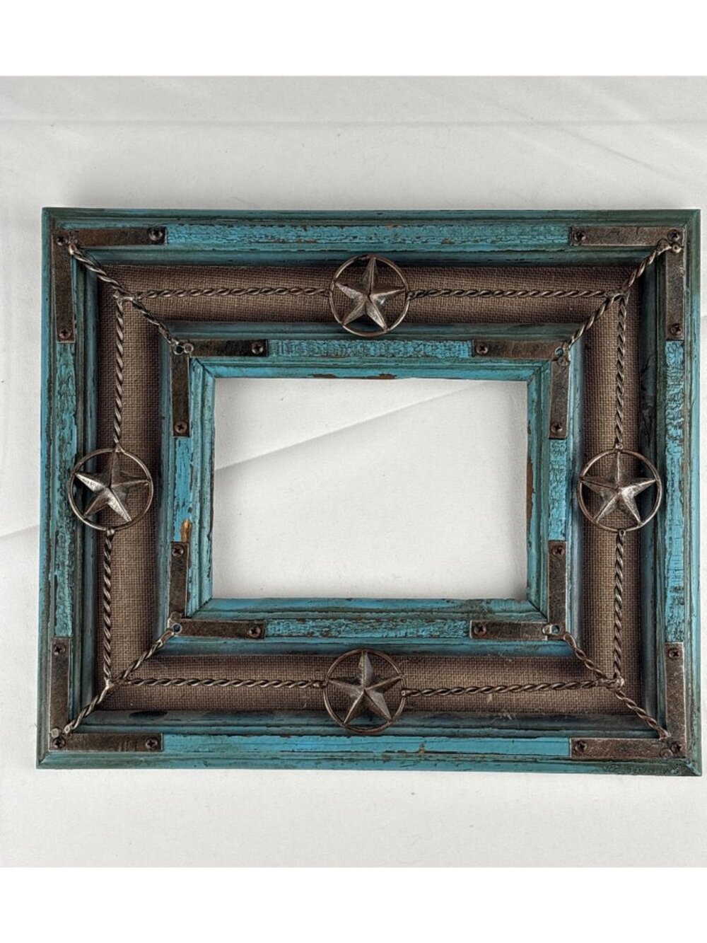 Rustic Western Turquoise Picture Frame Distressed Wood Burlap Texas Star Conchos